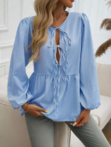 Women Striped Tie-Up Neck Top - M, Blue Atoll image