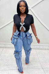 Split Cut Front Rhinestone Decor Short Sleeve Crop Top image 3