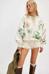 Artistic Print Sweatshirt with Balloon Sleeve Detail - S, White image