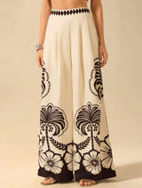 Tropical Print High-Waisted Wide-Leg Pants - S, Black image