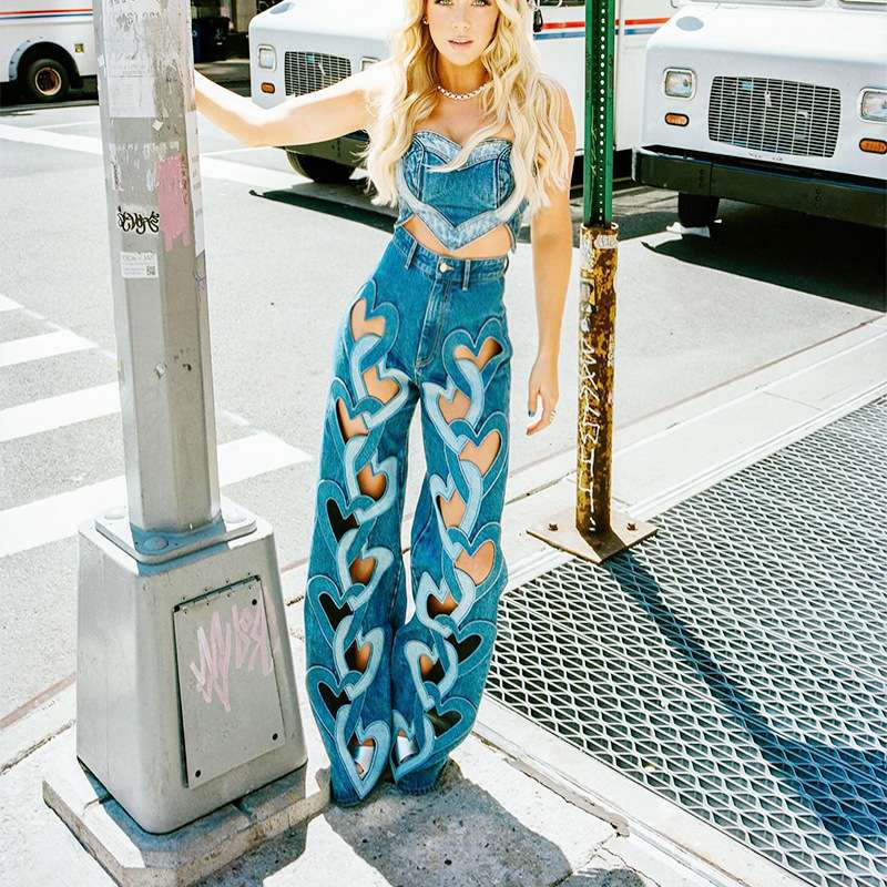 High Waist Heart Connectivity Hollow Out Denim image 0