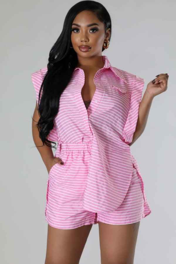 Striped ButtonDown Sleeveless Top Two Piece Shorts Set image 0
