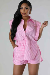 Striped ButtonDown Sleeveless Top Two Piece Shorts Set image 0