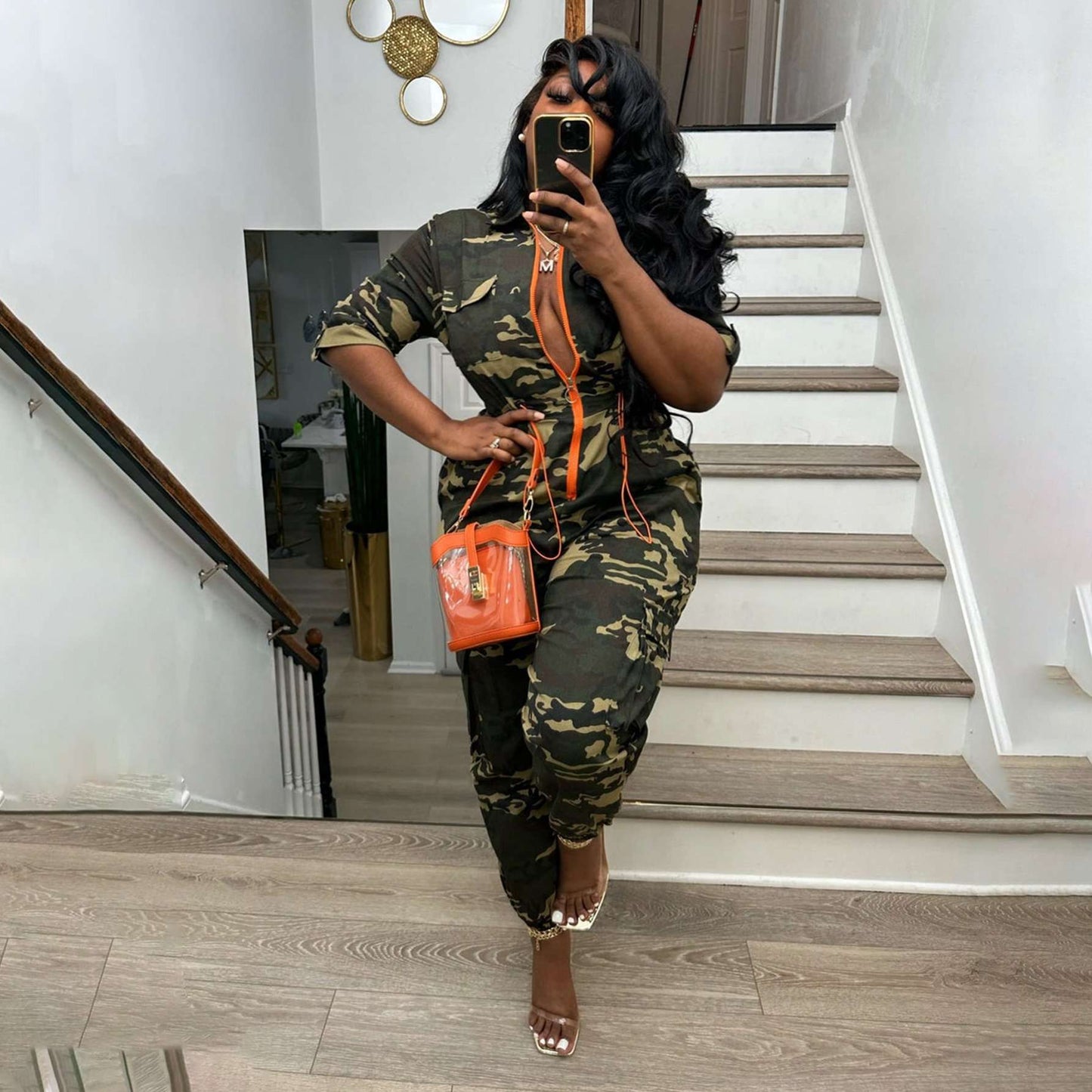 Drawstring Jumpsuit with Accents - L, Army Green image