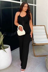 Halter V-neck 3d flower Crochet Jumpsuit - M, Black image