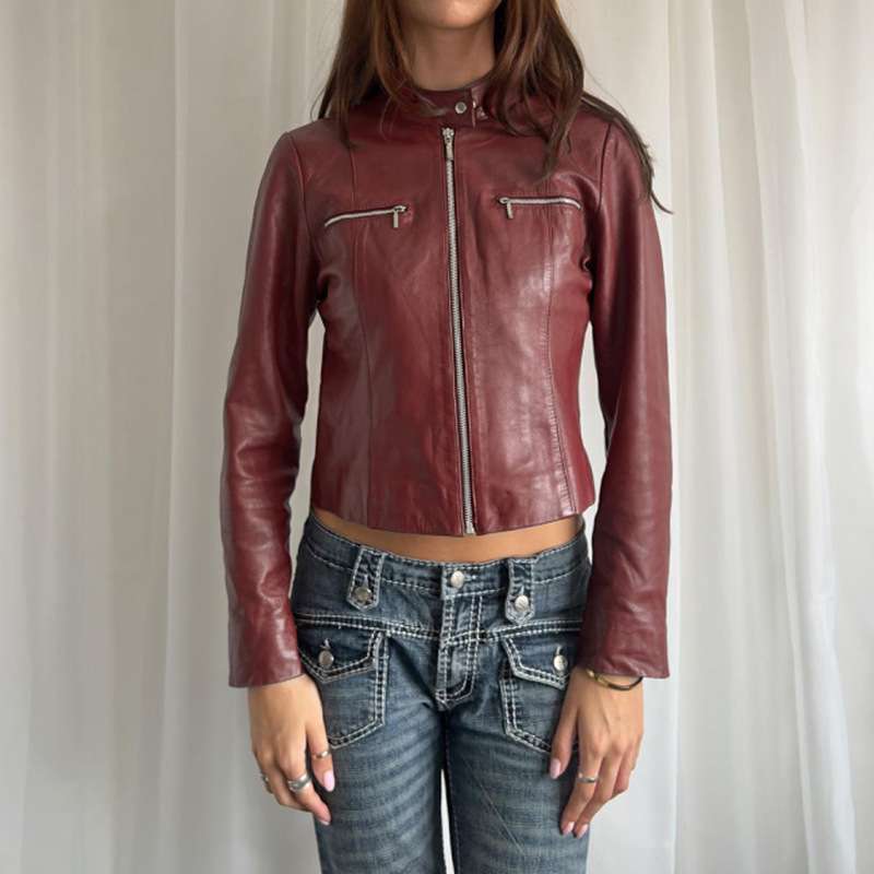 Fitted Biker Jacket with Zipper Pockets - L, Maroon Brown image