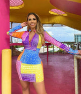 Womens Long Sleeve Zipper V Neck Printed Bodycon Dress - S, Multi Purple image