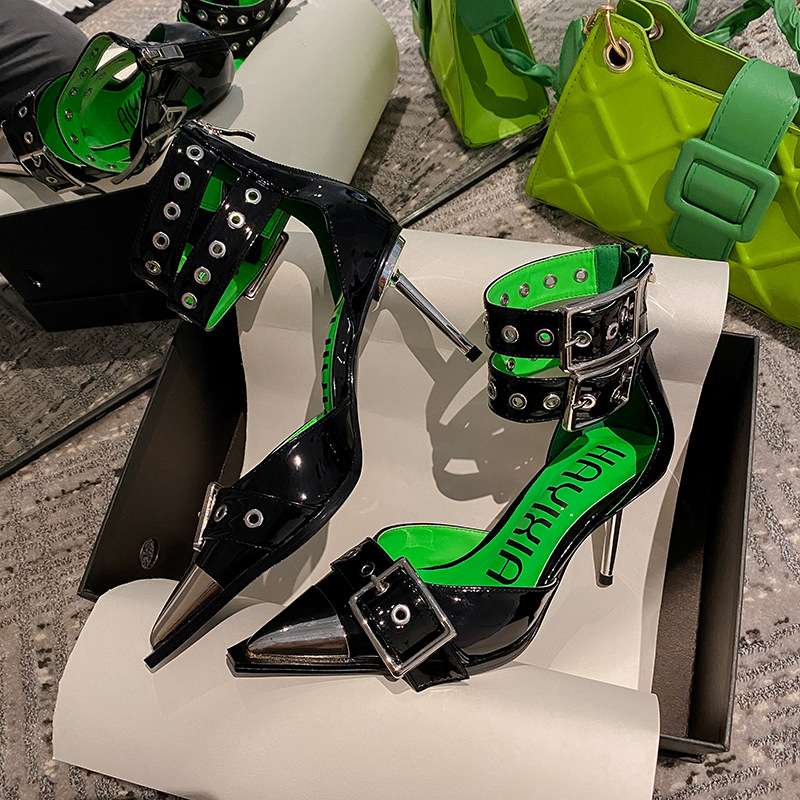 Pointed Toe Stiletto Metal Heels Ankle Buckle Straps image 0