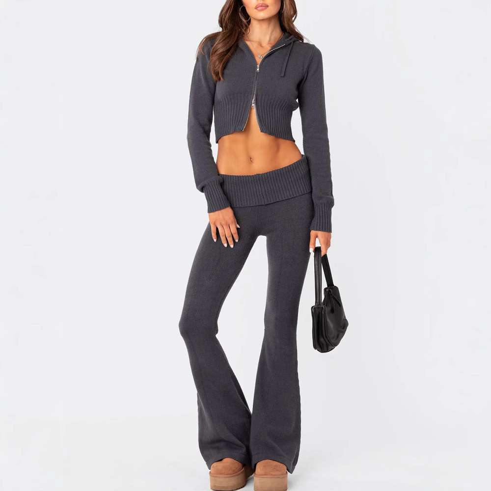 Crop Zip-up Sweater Hoodie Pants Set - S, Dark Grey image
