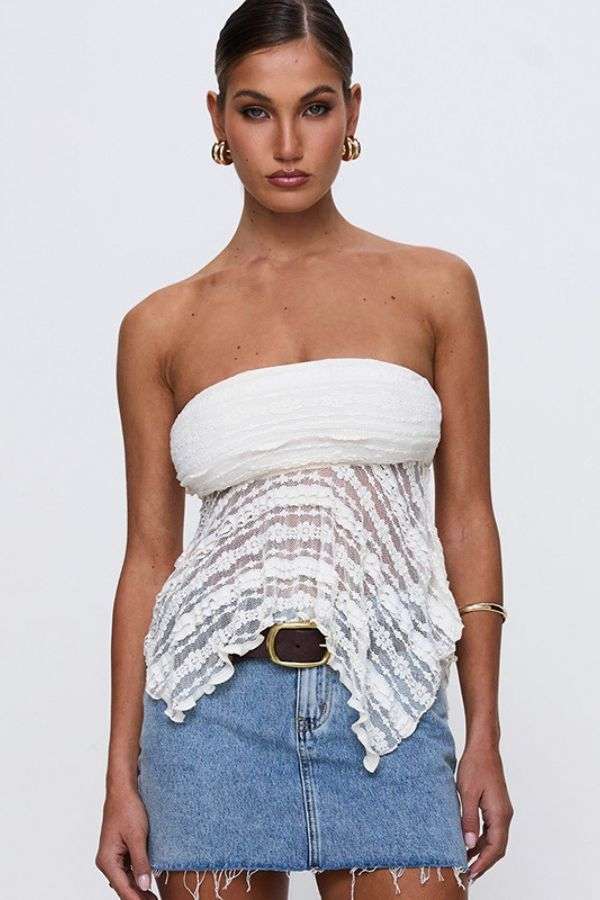 White Strapless Lace Handkerchief Hem Top image 0