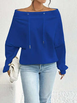 Off-Shoulder Hoodie with Drawstrings - M, Blue image