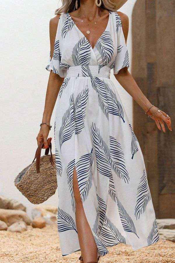Elegant Leaf Print Maxi Dress image 0