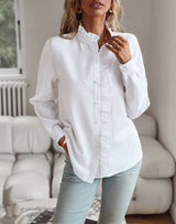 Spread Collar Striped Ruffles Shirt - L, White image