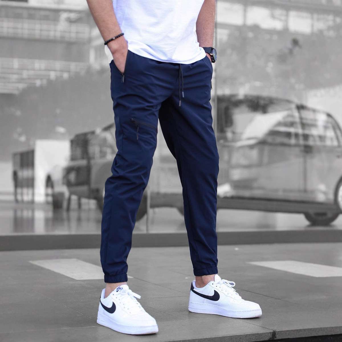 Slim-Fit Tech Joggers with Zip Pockets - S, Blue image