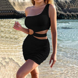 One-Shoulder Ruched Cutout Bodycon Mini Dress - L, Black image