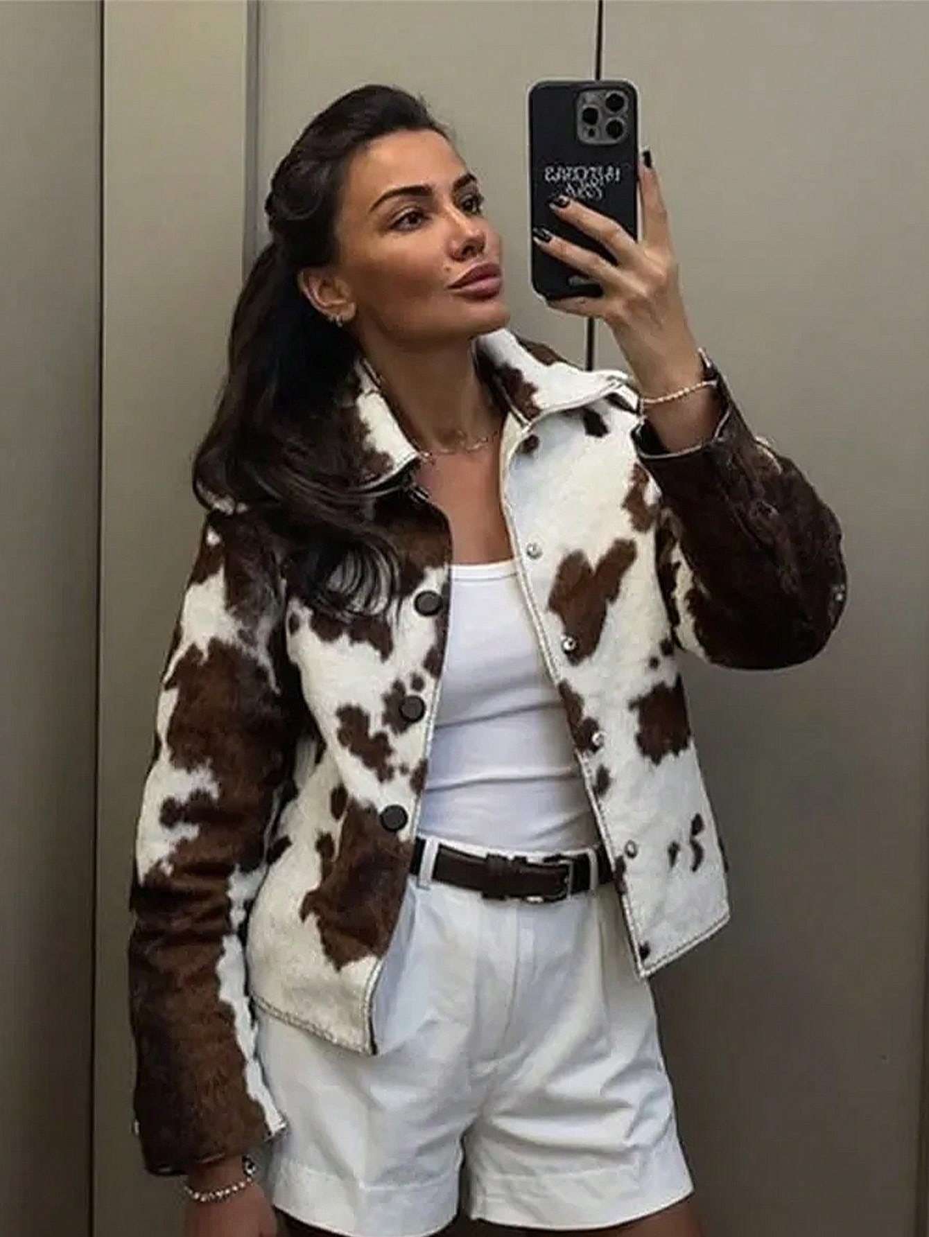 Cow Print Faux Shearling Jacket - M, Brown image