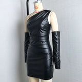 One-Shoulder Faux Leather Mini Dress with Gloves image 4