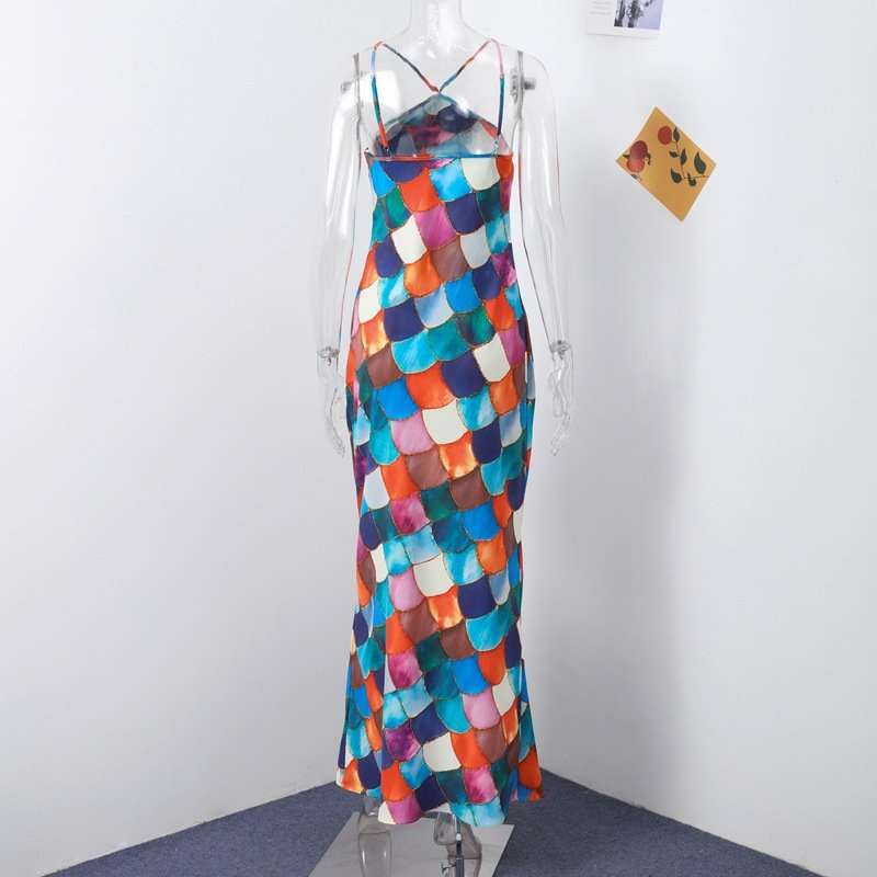 Multicolor Mermaid Scale Halter Maxi Dress image 4