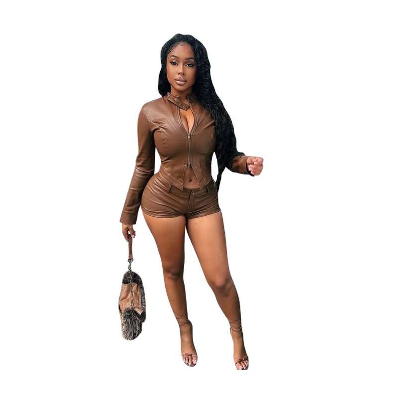 Two-Piece Top & Shorts Set - L, Brown image