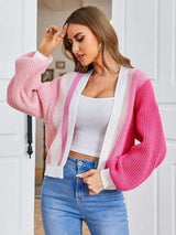 Contrast Color Knit Cardigan Sweater - XL, Rose Pink image