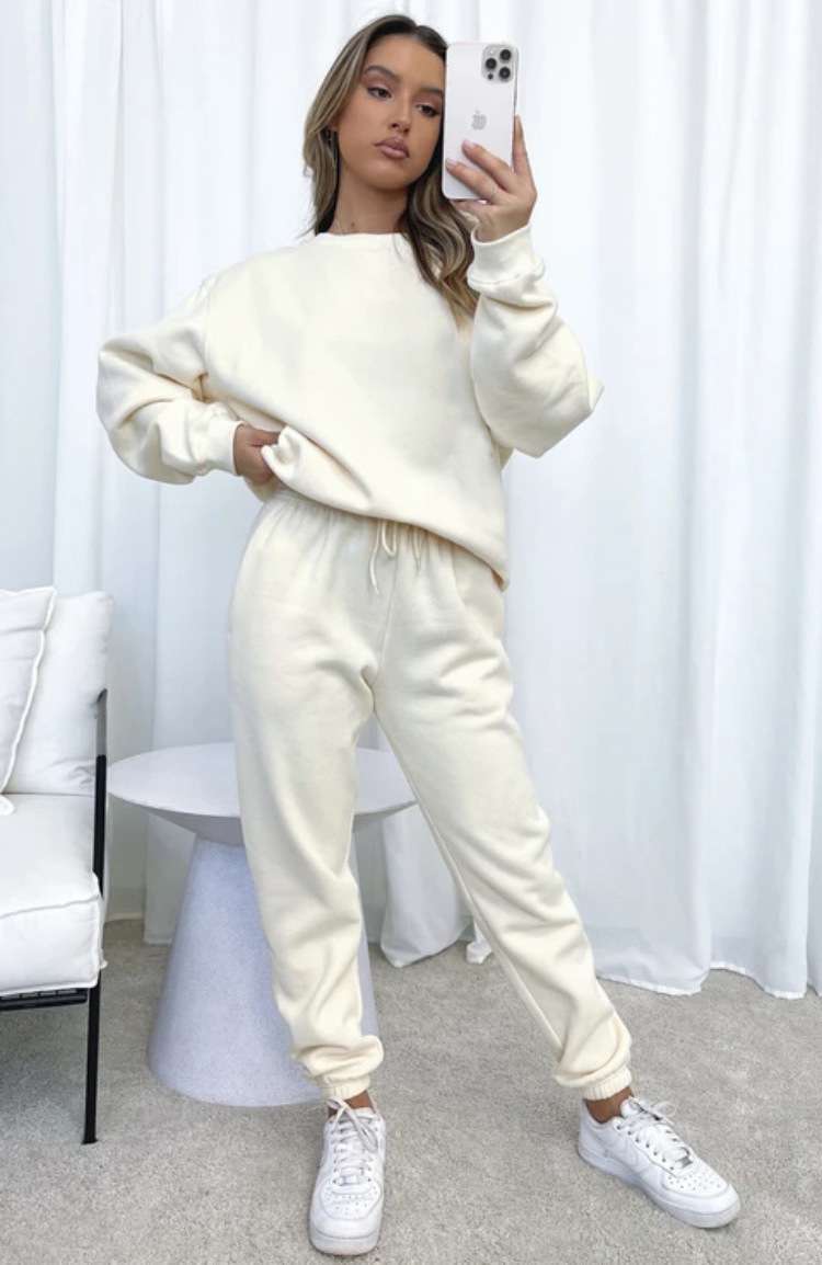 Solid Round Neck Pullover Sweatshirt and Jogger Pants - XL, White image