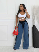 Casual Patchwork Strap Design Straight Pants - XL, Dark Blue image