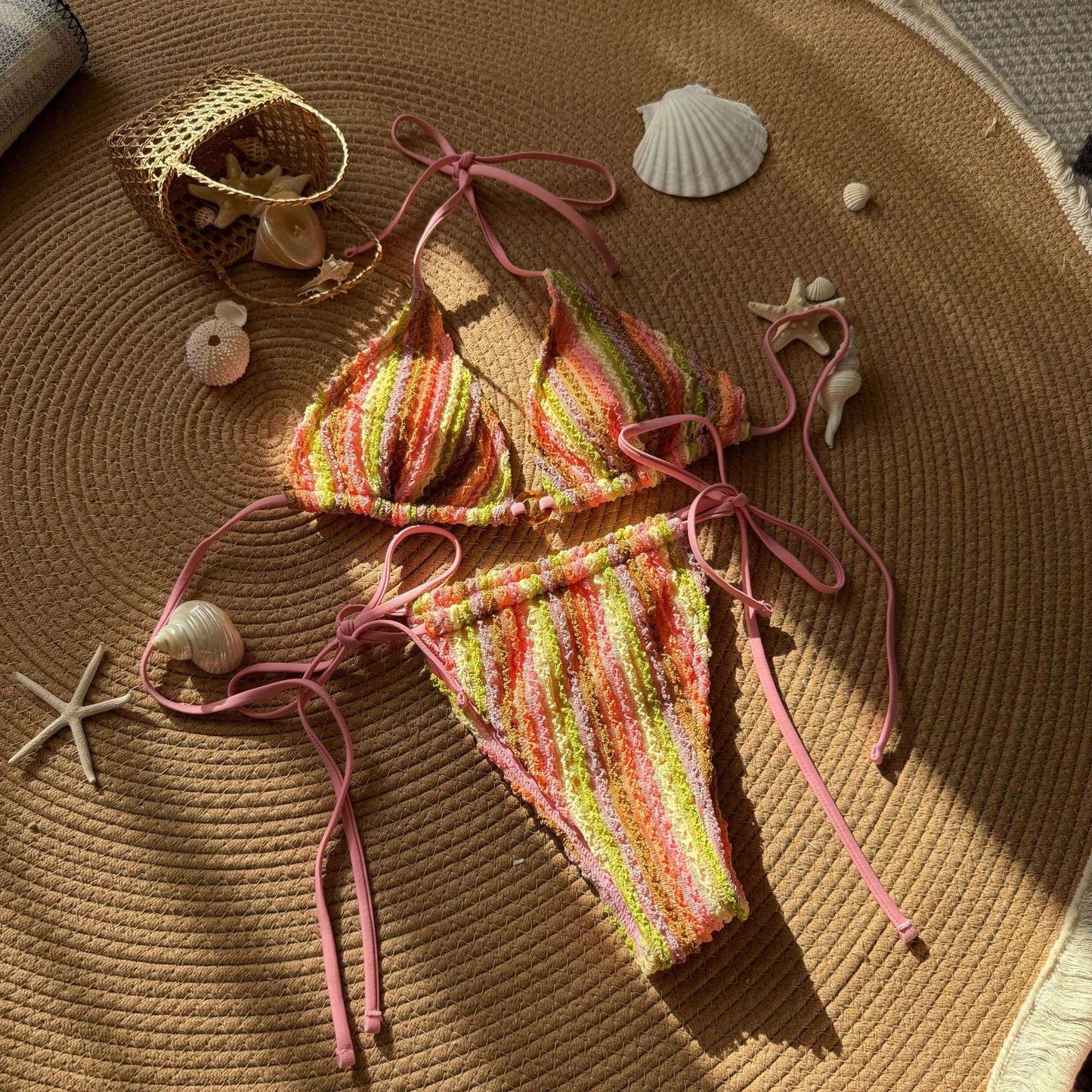 Striped Crochet Bikini Set - L, Multi Brown image