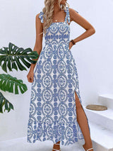 Embroidered Maxi Dress with Side Slit - L, Blue image