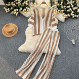 Striped Knit Set with Cardigan & Wide-Leg Pants image 0