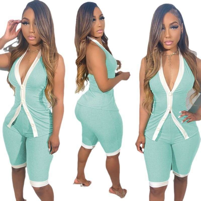 Sleeveless Button-Front Shorts Set image 3