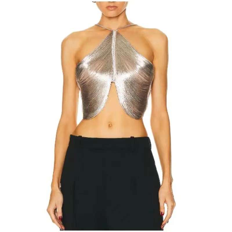 Metallic Halter Crop Top - M, Silver image