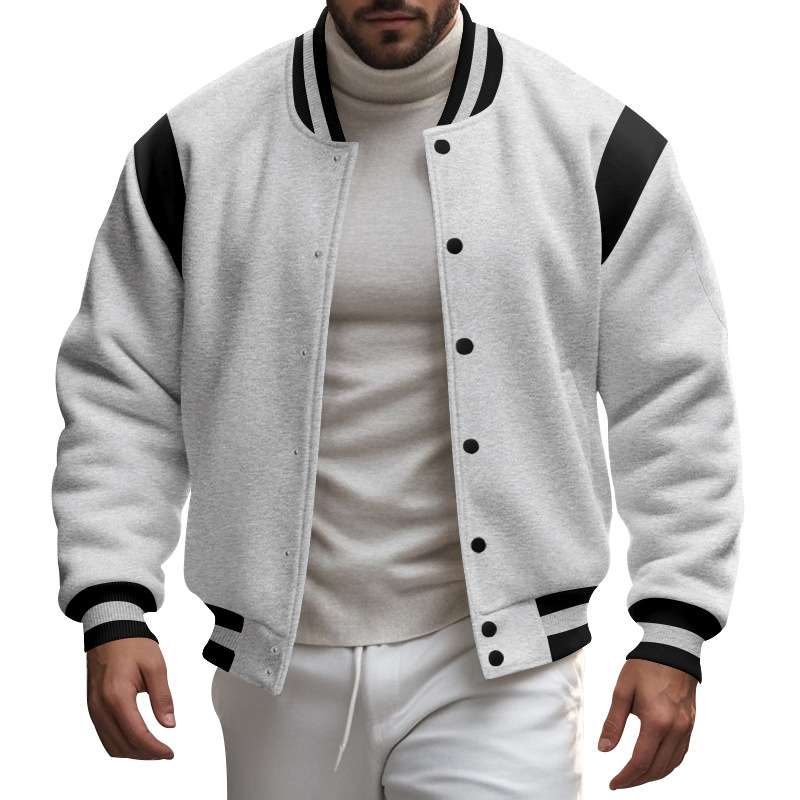Stand Collar Classic Baseball Jackets - L, Light Grey image