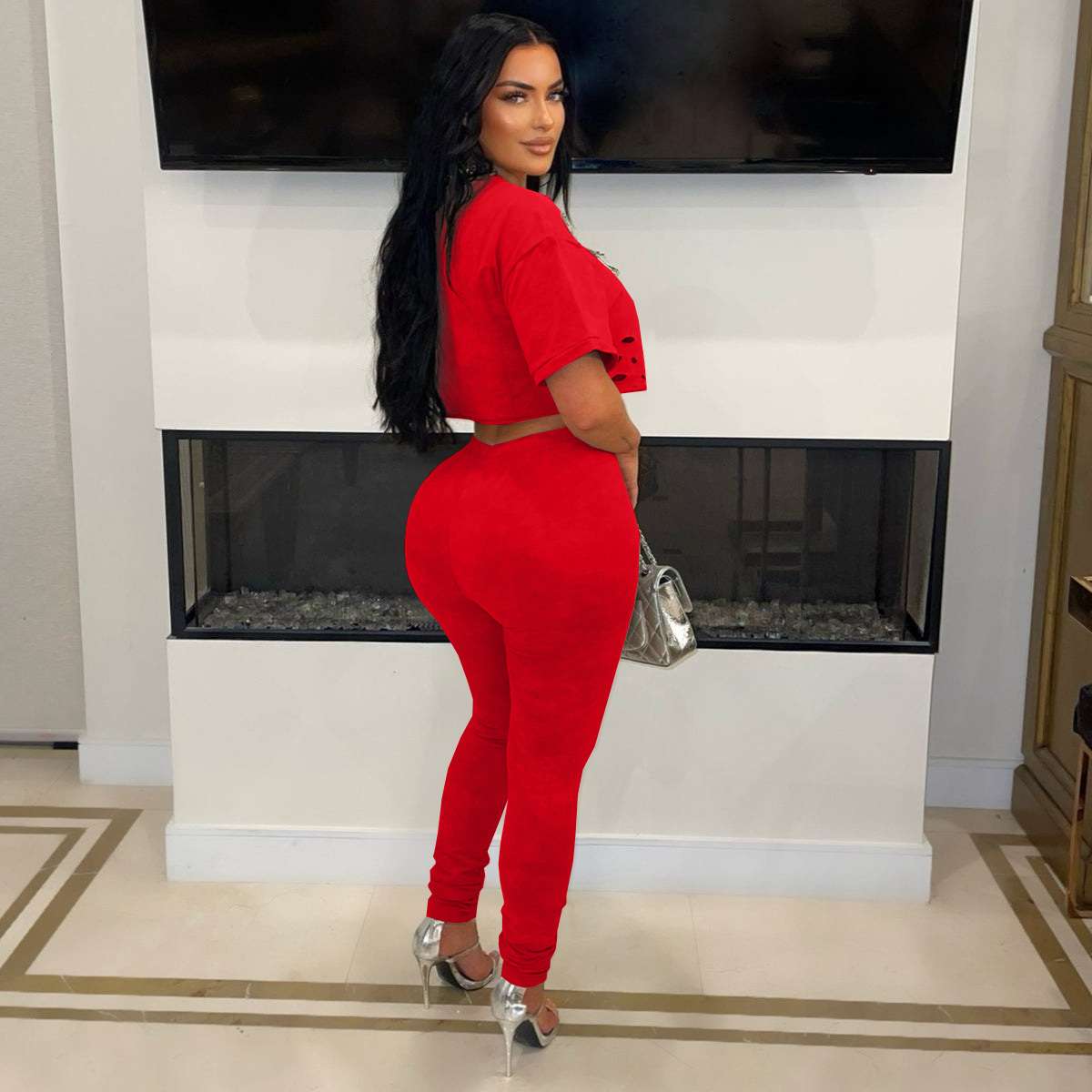 Distressed Studded Crop Top & Leggings Set image 2