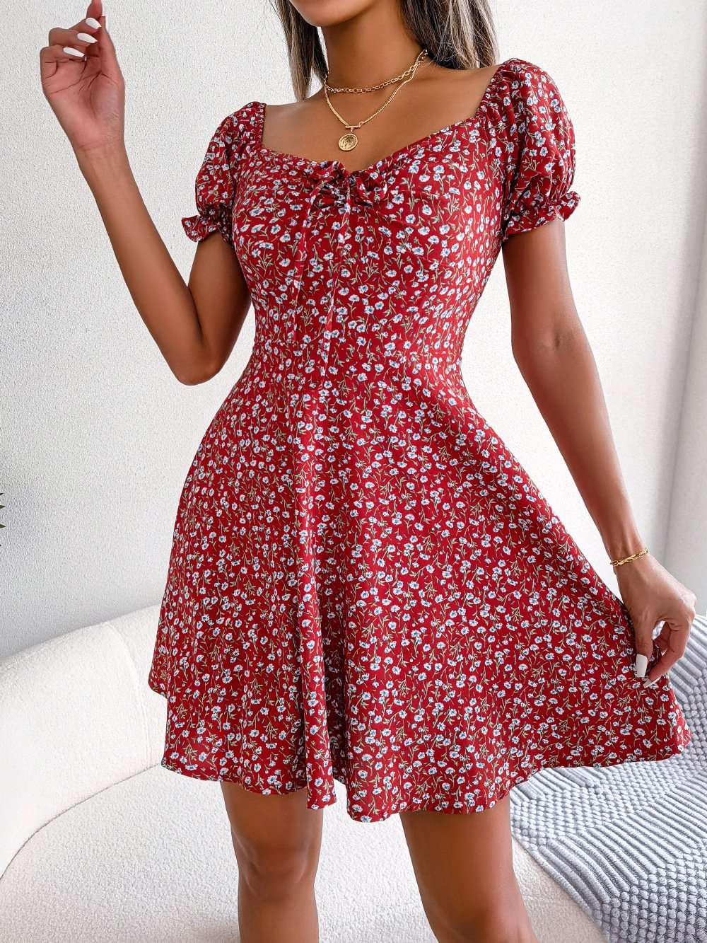 Floral Puff Sleeve A-Line Mini Dress image 2
