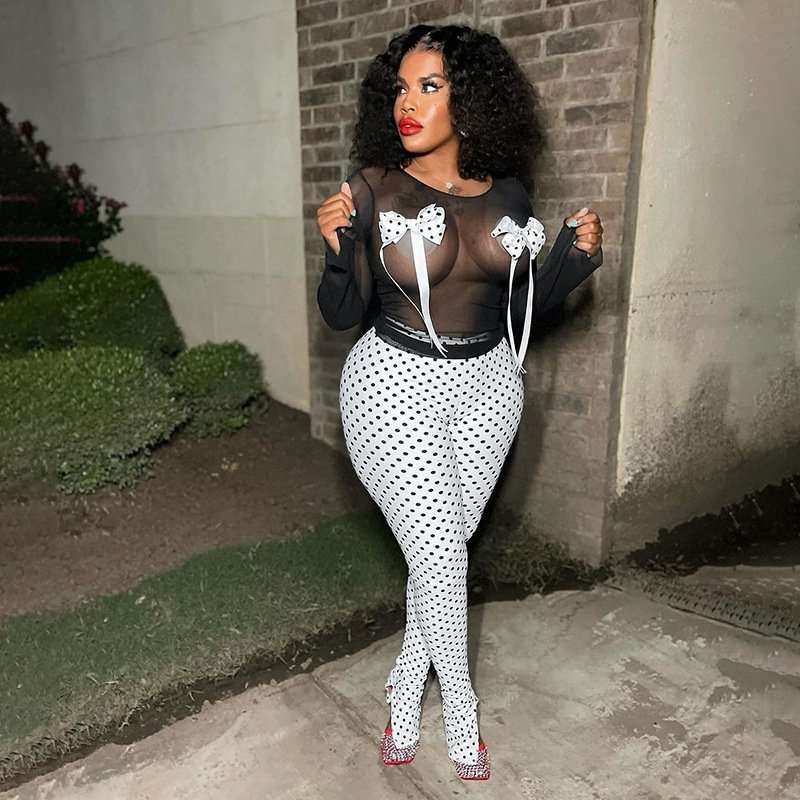 Bow Decor Long Sleeve Top And Pants Set image 1