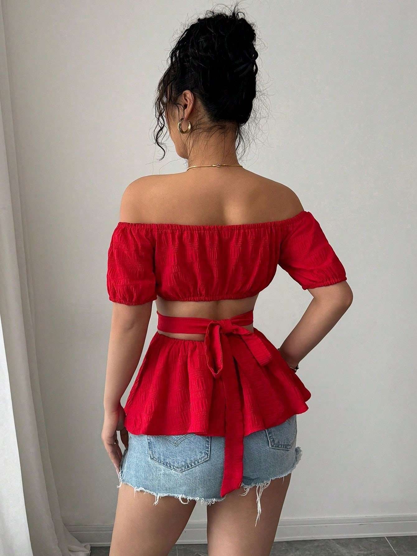 Off-Shoulder Cut-Out Peplum Top image 2