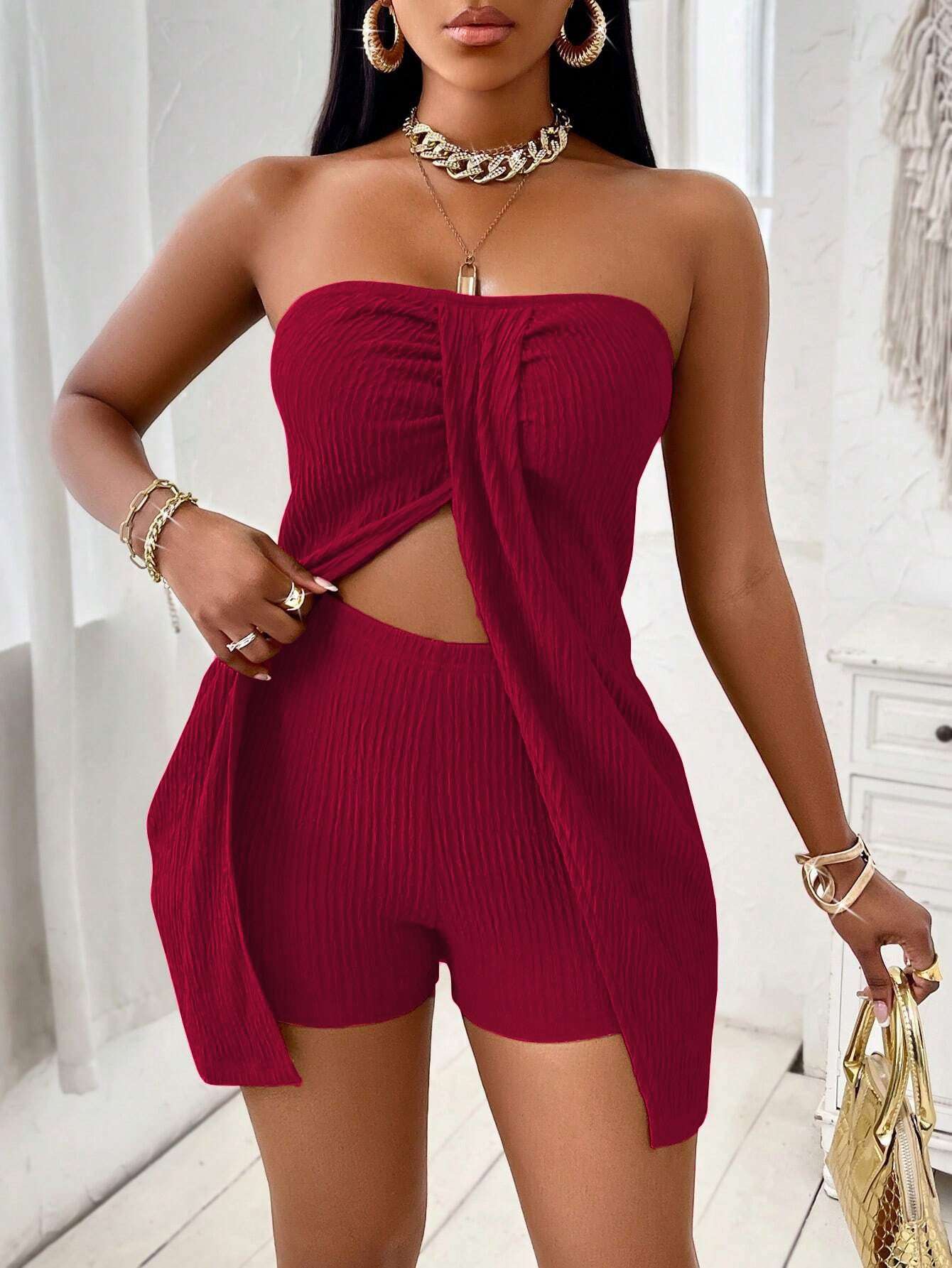 Textured Strapless Top and Shorts Set image 3