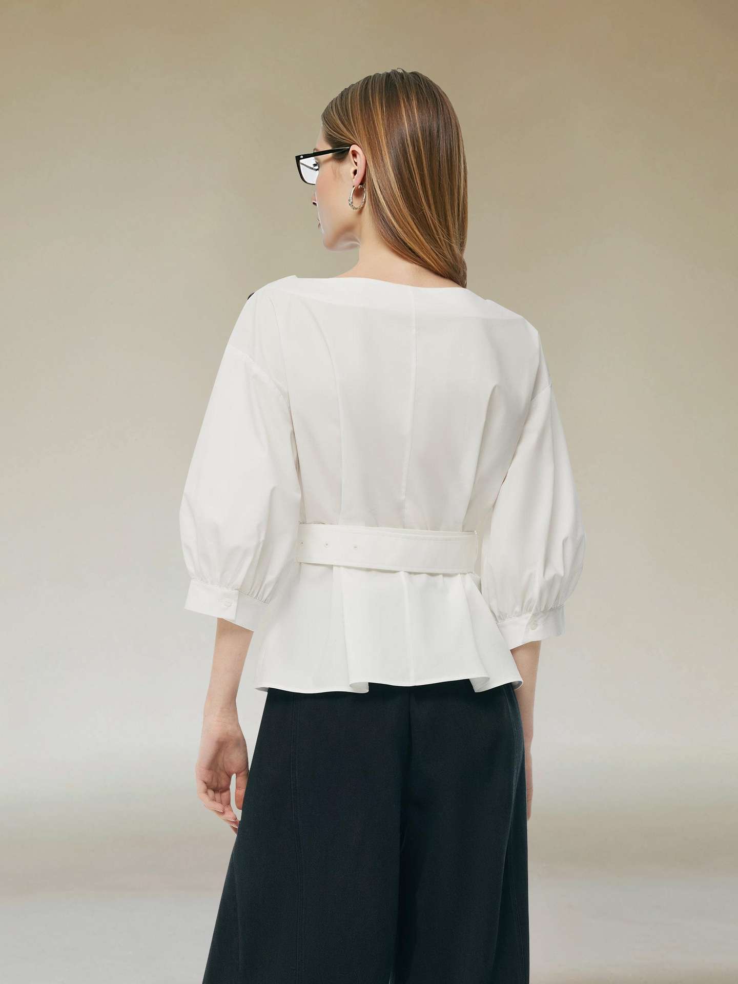 Asymmetrical Belted Blouse with Puff Sleeves image 6