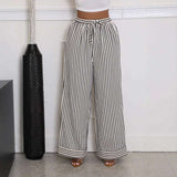 Vertical Striped Wide-Leg Pants - L, Black image