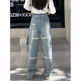 Embroidered Letters Solid Straight High Waist Jeans image 2