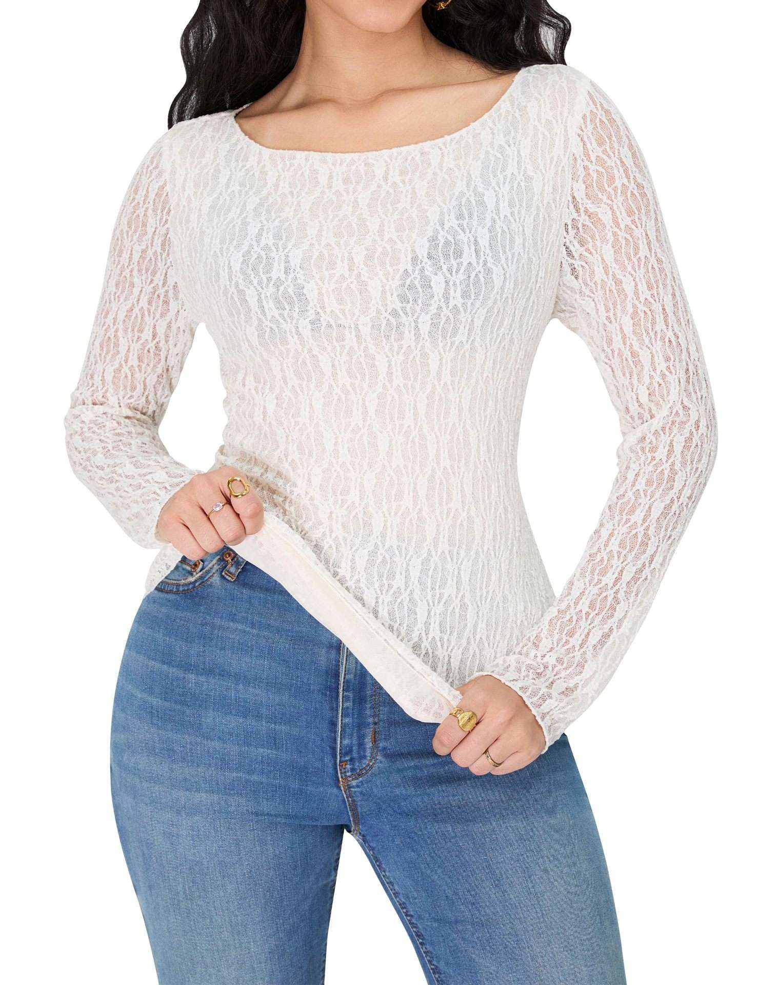 Lace Long-Sleeve Top with Sheer Detailing image 5