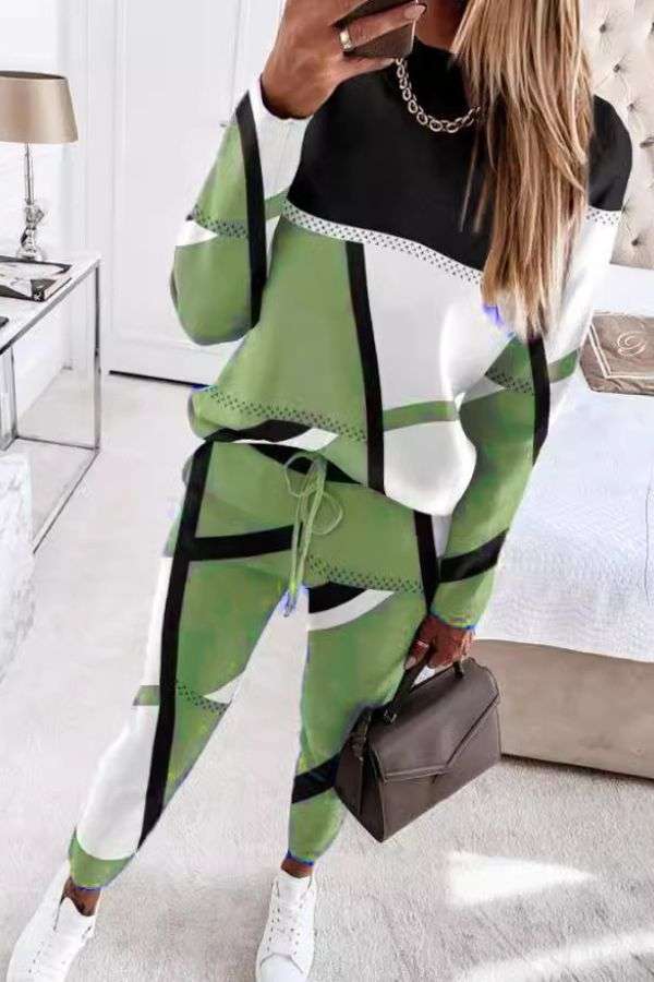 Print Casual Work Dress Two Piece Sets - M, Multi Green image