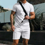 Men's Stylish Textured Zipper Polo Short Set - L, White image