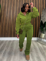 2 Pieces Crop Top Jacket Jogger Pants Set - XL, Dark Olive Green image