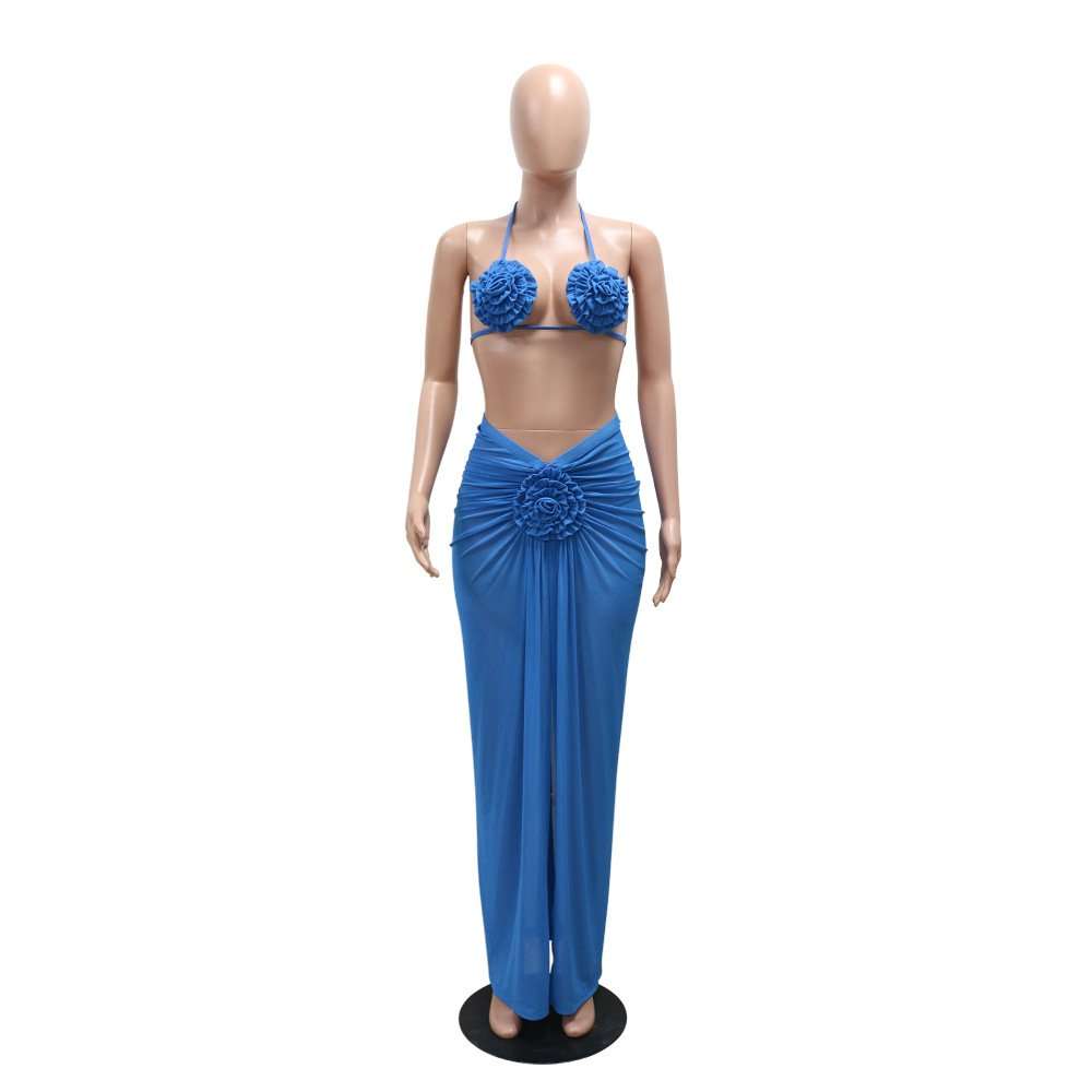 Floral Bikini Top and  Maxi Skirt Set - S, Blue image