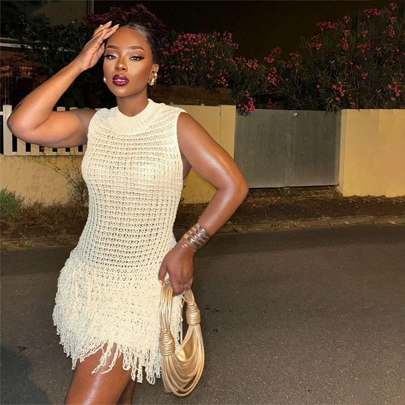 Frosted Fringe Knit Dress - M, White image