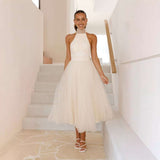 Halter Tulle Midi Dress - L, White image