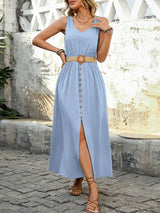Sleeveless Button-Front Maxi Dress with Belt - S, Blue image