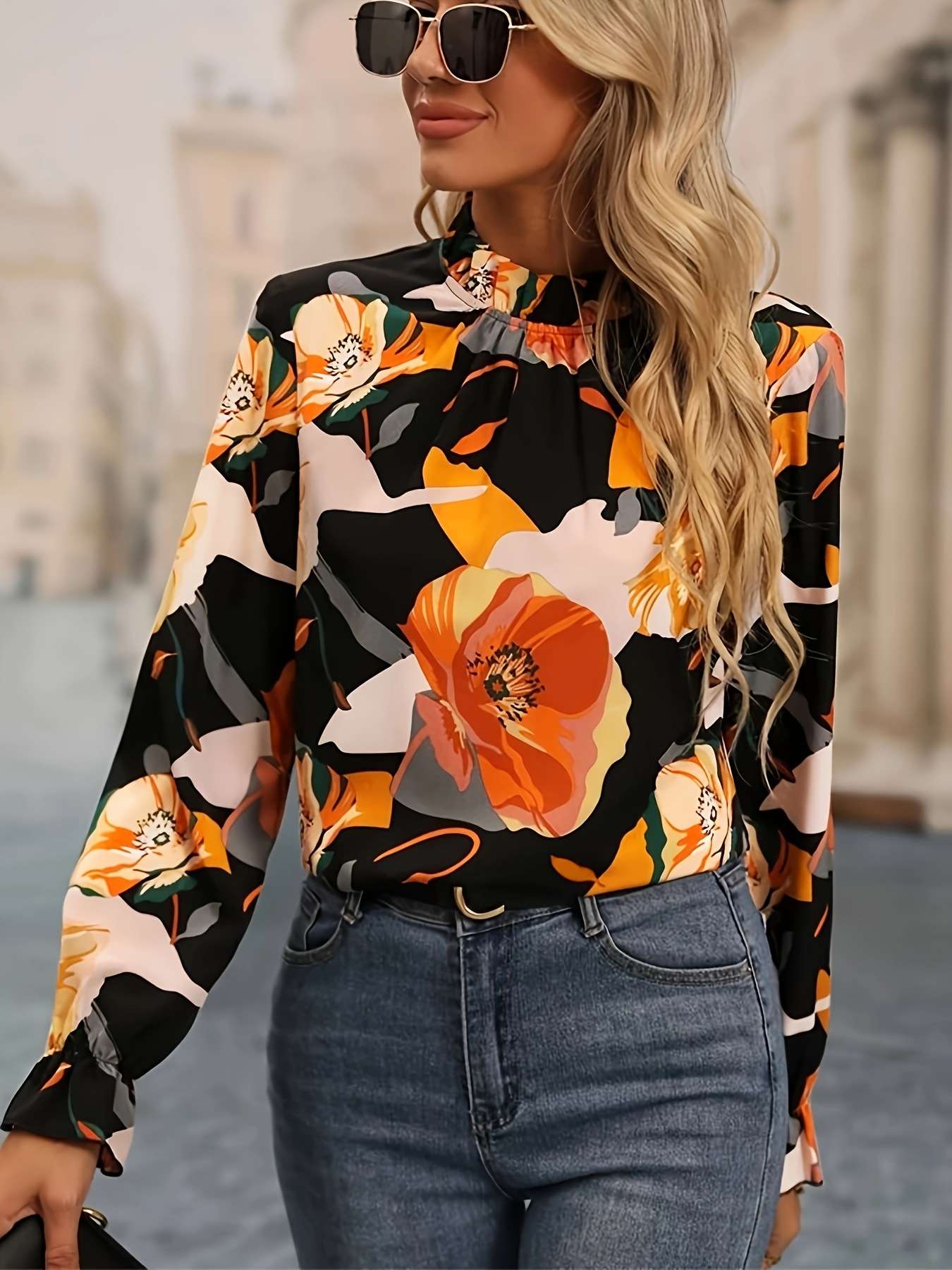 Floral Mock Neck Long Sleeve Blouse image 3