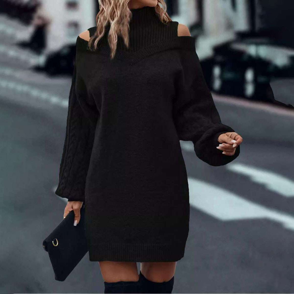 Oversized Cold-Shoulder Knit Sweater Dress - S, Black image